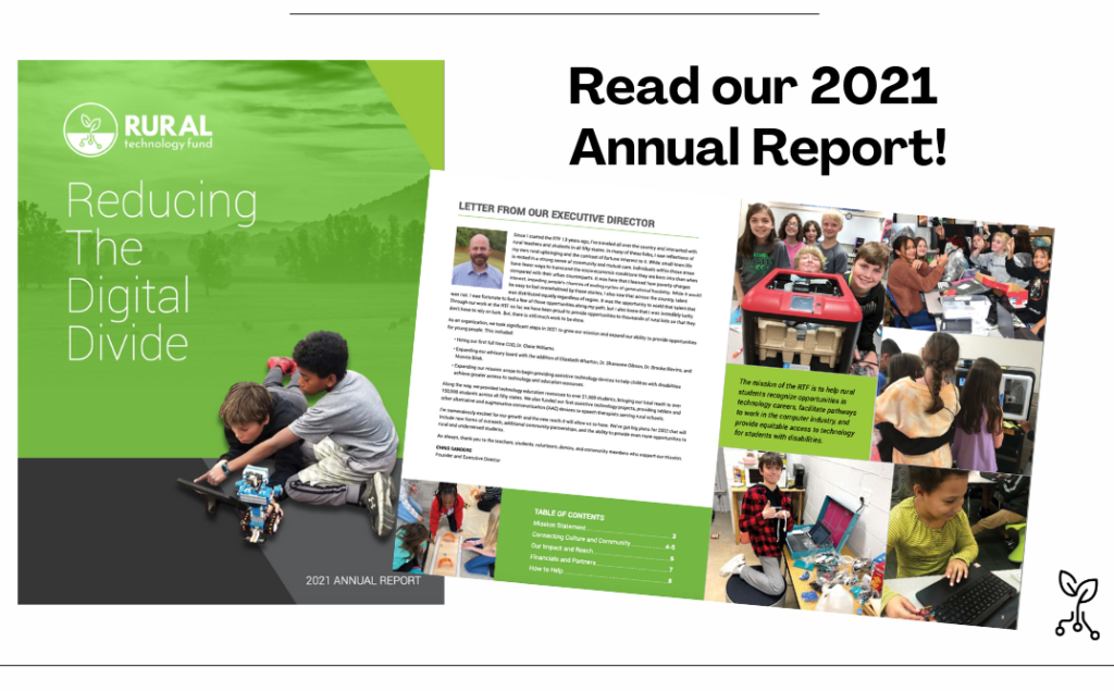 Screenshots of the RTF Annual Report include the cover, which shows two students working on a robot and reads "Reducing the Digital Divide," and a spread of two pages showing a letter and a collage of student photographs. 