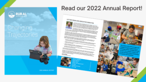 The words 'Read our 2022 Annual Report!" appear next to a photo of the report cover, depicting a student coding a robot and the title "Changing Trajectories," and a photo of two inside report pages, depicting a letter from Executive Director Chris Sanders and a collage of student photographs.