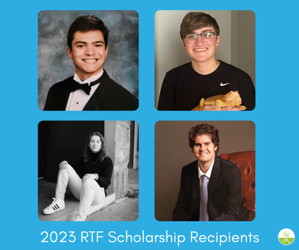 Photos of the four scholarship recipients appear, along with the words "2023 RTF Scholarship Recipients."