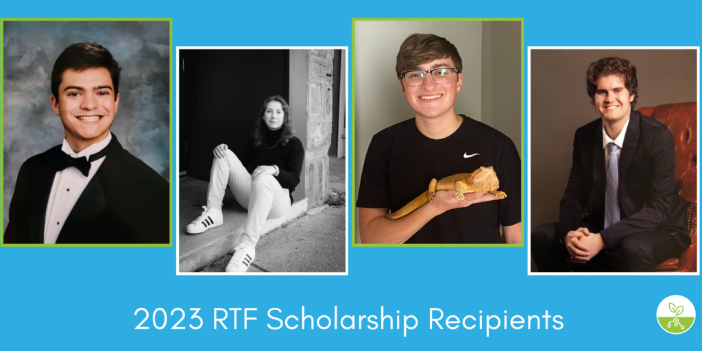Photos of the four scholarship recipients appear, along with the words "2023 RTF Scholarship Recipients."