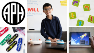A collage of photos includes the APH logo, accessible snap circuits, a student smiling at a table that has a Code Jumper, accessible code and go mouse tiles, and an iPad showing an image from the CodeQuest app.