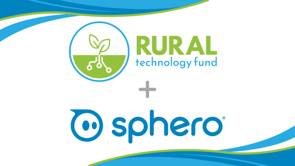 The logos for Rural Technology Fund and Sphero appear together, with a colorful wavy frame.
