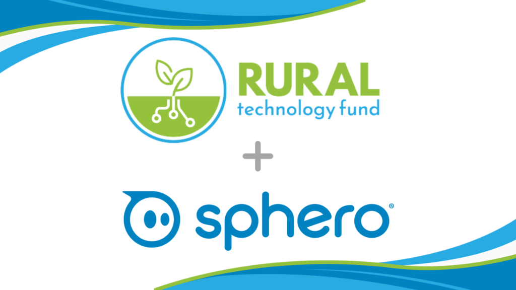 The logos for Rural Technology Fund and Sphero appear together, with a colorful wavy frame. 