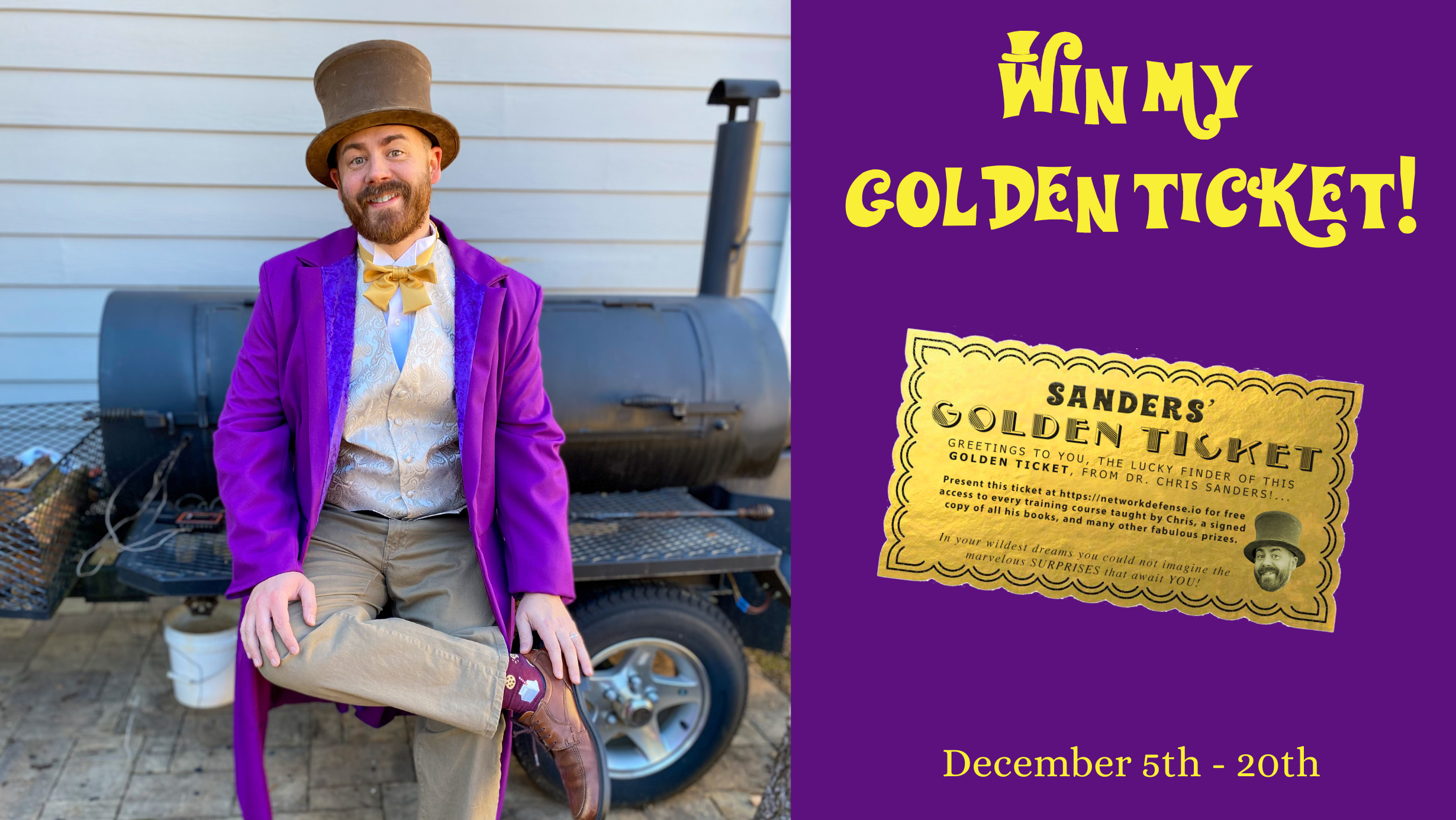 Chris Sanders appears in a Willy Wonka costume, next to the words "Win my Golden Ticket!" and an image of a Golden Ticket.