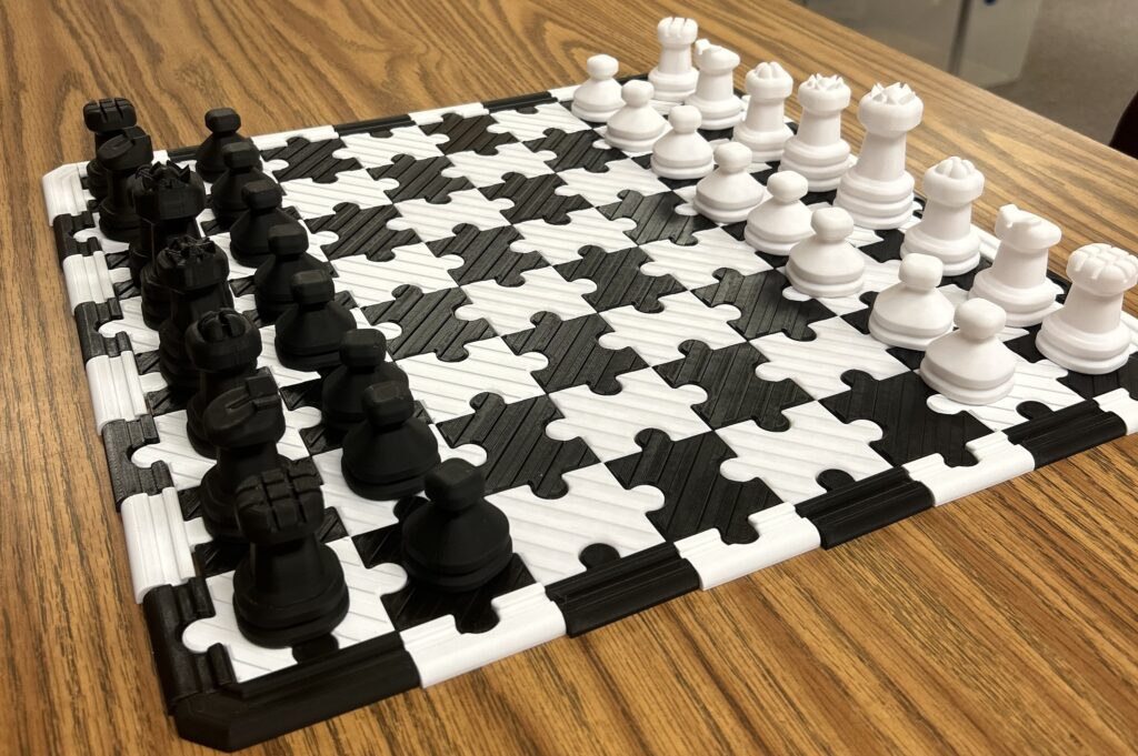 A 3D printed chess board, a product of the makerspace at the middle school. 