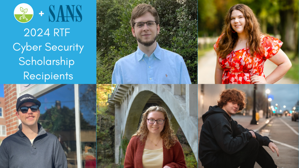 The headshots of the five Cyber Security Scholarship recipients appear with the RTF and SANS logos.