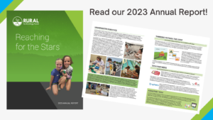 An image of the 2023 RTF Annual Report, showing two students holding a robot and the title, "Reaching for the Stars." There is also an image of one of the inside page spreads, with stories about impact, publishing our book, and new partnerships.