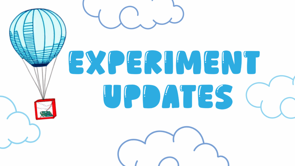 A high-altitude balloon carrying a CubeSat emulator floats up into the clouds, next to the words "Experiment Updates". 