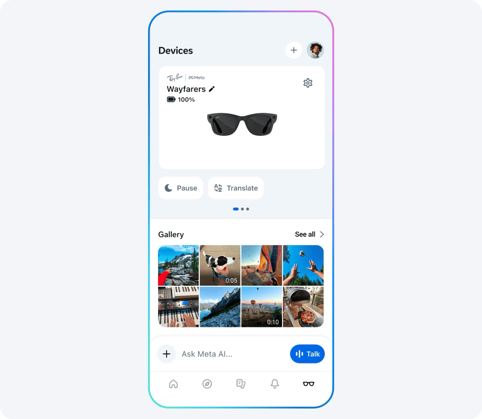 A gif of the Meta App, showing controls, a photo gallery, and responses to some verbal prompts. 